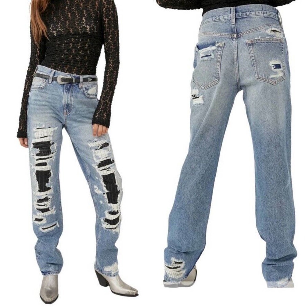 Free People McCoy Destroyed Straight Leg Jeans Tattered Blue Size 28